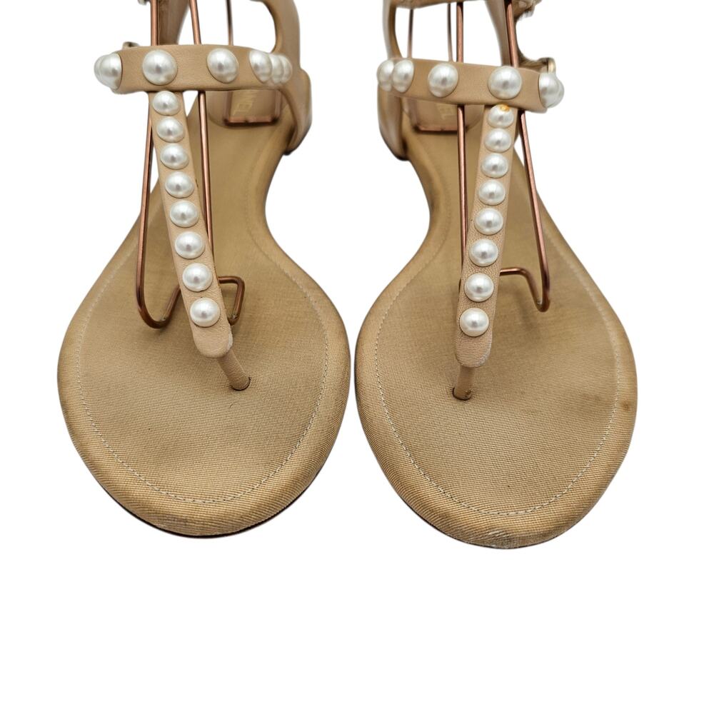 Chanel CC Pearl Flat T Strap Thong Sandal Beige Tan Leather Size 39.5 C US 8.5 9 - Picture 4 of 13